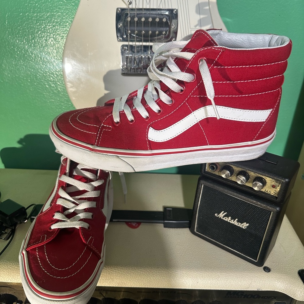 Vans Red and White High-Top Sneakers